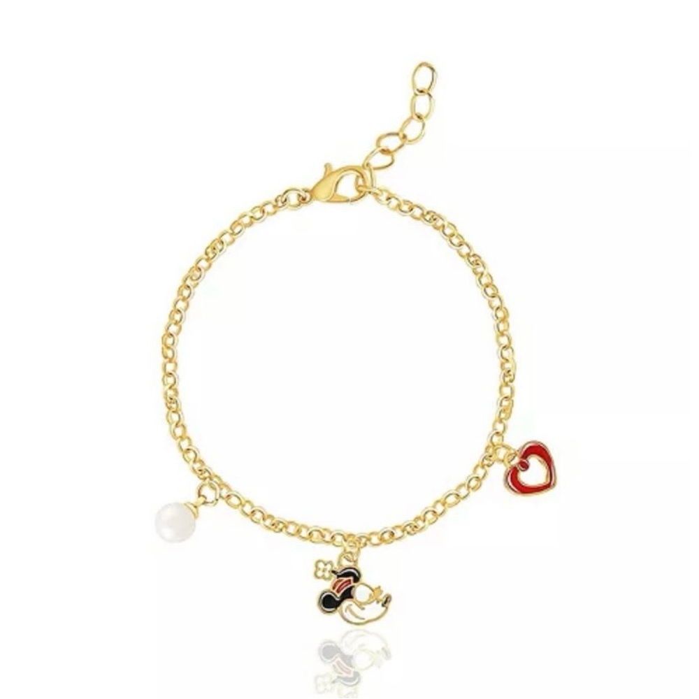NEW Disney Minnie Mouse Gold Charm Bracelet with Heart and Pearl Accents